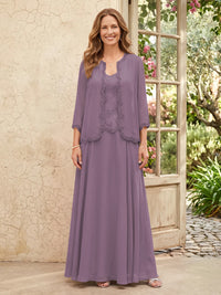 Chiffon A Line 3/4 Sleeves 2 Piece Long Mother of the Bride Dresses with Beadings