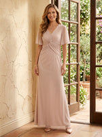 Tulle Mermaid V Neck Short Sleeves Long Mother of the Bride Dresses with Pleated