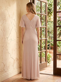 Tulle Mermaid V Neck Short Sleeves Long Mother of the Bride Dresses with Pleated