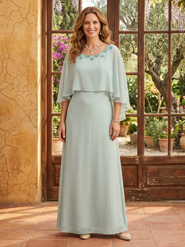 Chiffon A Line Scoop Neck Long Mother of the Bride Dresses with Cape
