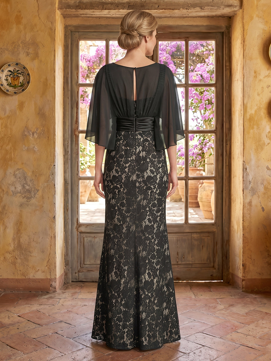 Lace Mermaid Scoop Neck Long Mother of the Bride Dresses with Cape