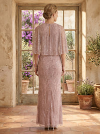 Sequin Mermaid Scoop Neck Long Mother of the Bride Dresses with Cape