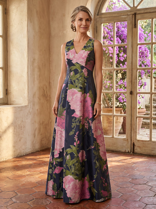 Jacquard A Line V Neck Long Mother of the Bride Dresses