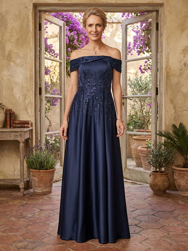 Satin A Line Off Shoulder Long Mother of the Bride Dresses with Lace