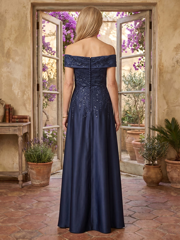 Satin A Line Off Shoulder Long Mother of the Bride Dresses with Lace
