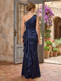 Satin Mermaid One Shoulder Long Mother of the Bride Dresses with Ruffles