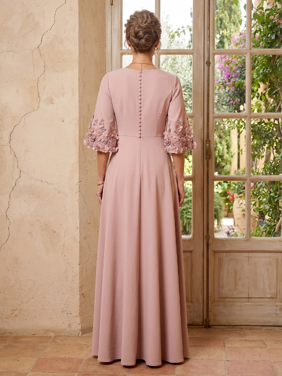 Satin A Line Long Sleeves Long Mother of the Bride Dresses with Flowers