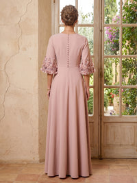 Satin A Line Long Sleeves Long Mother of the Bride Dresses with Flowers