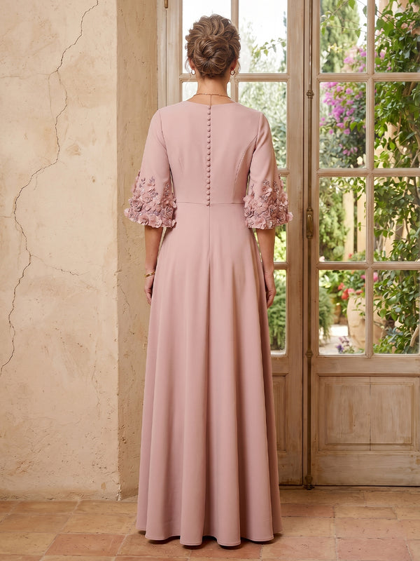 Satin A Line Long Sleeves Long Mother of the Bride Dresses with Flowers