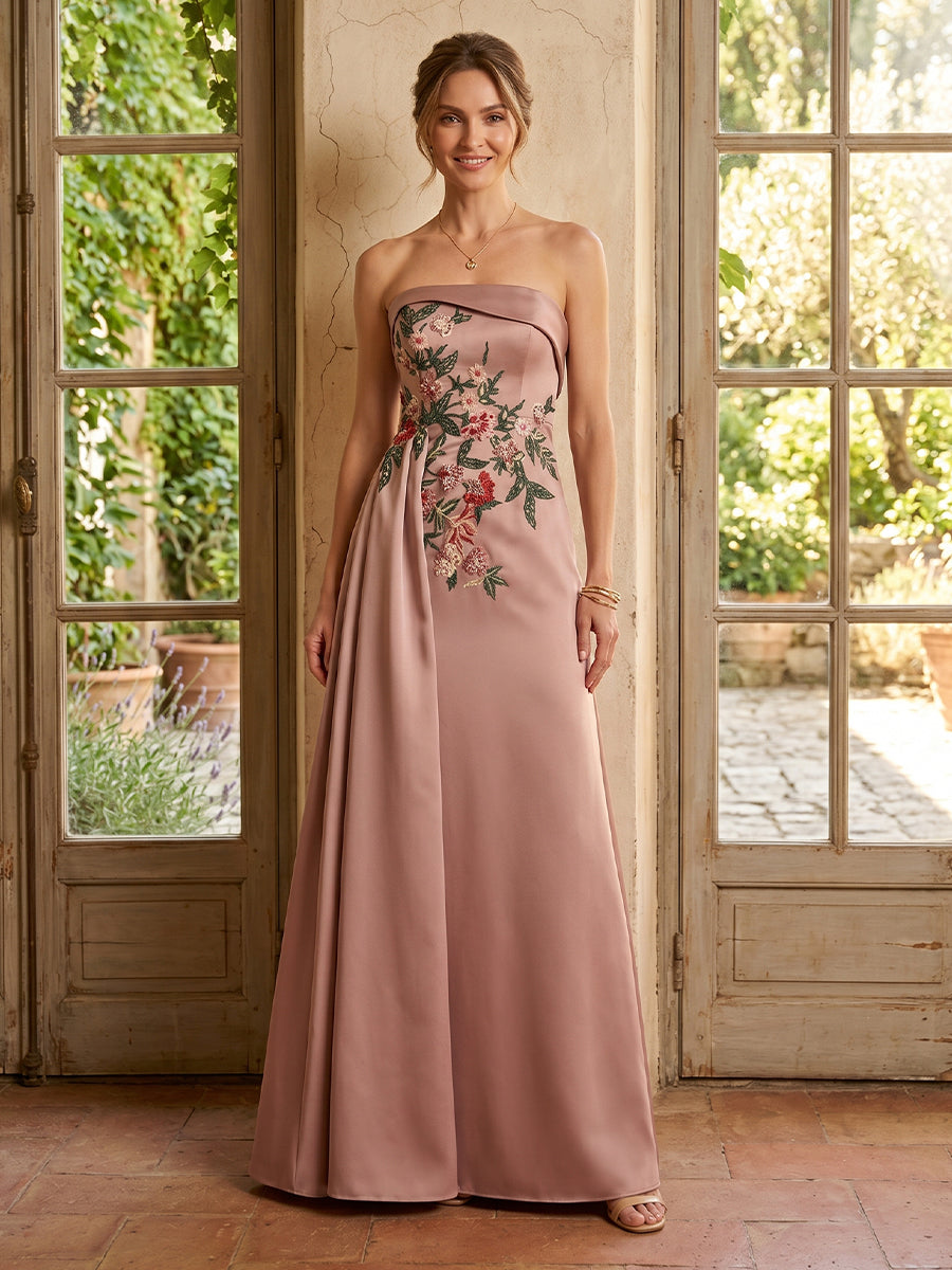 Satin A Line Strapless Long Mother of the Bride Dresses