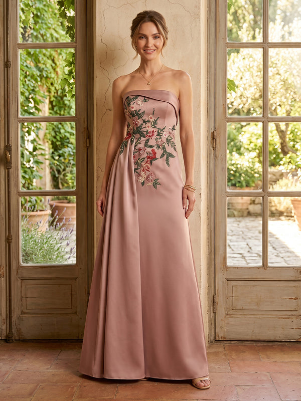 Satin A Line Strapless Long Mother of the Bride Dresses