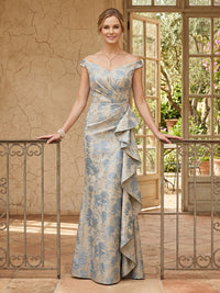 Jacquard Mermaid Off Shoulder Long Mother of the Bride Dresses with Ruffles