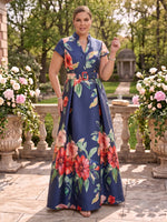 Jacquard Cap Sleeves A Line V Neck Long Mother of the Bride/Groom Dresses with Belt
