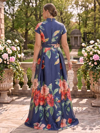 Jacquard Cap Sleeves A Line V Neck Long Mother of the Bride/Groom Dresses with Belt
