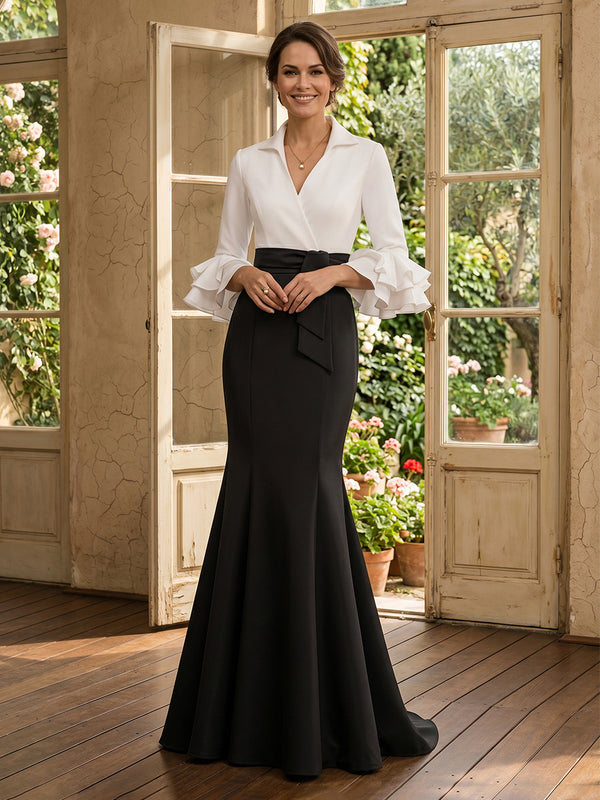 Satin Mermaid V Neck Long Sleeves Long Mother of the Bride Dresses