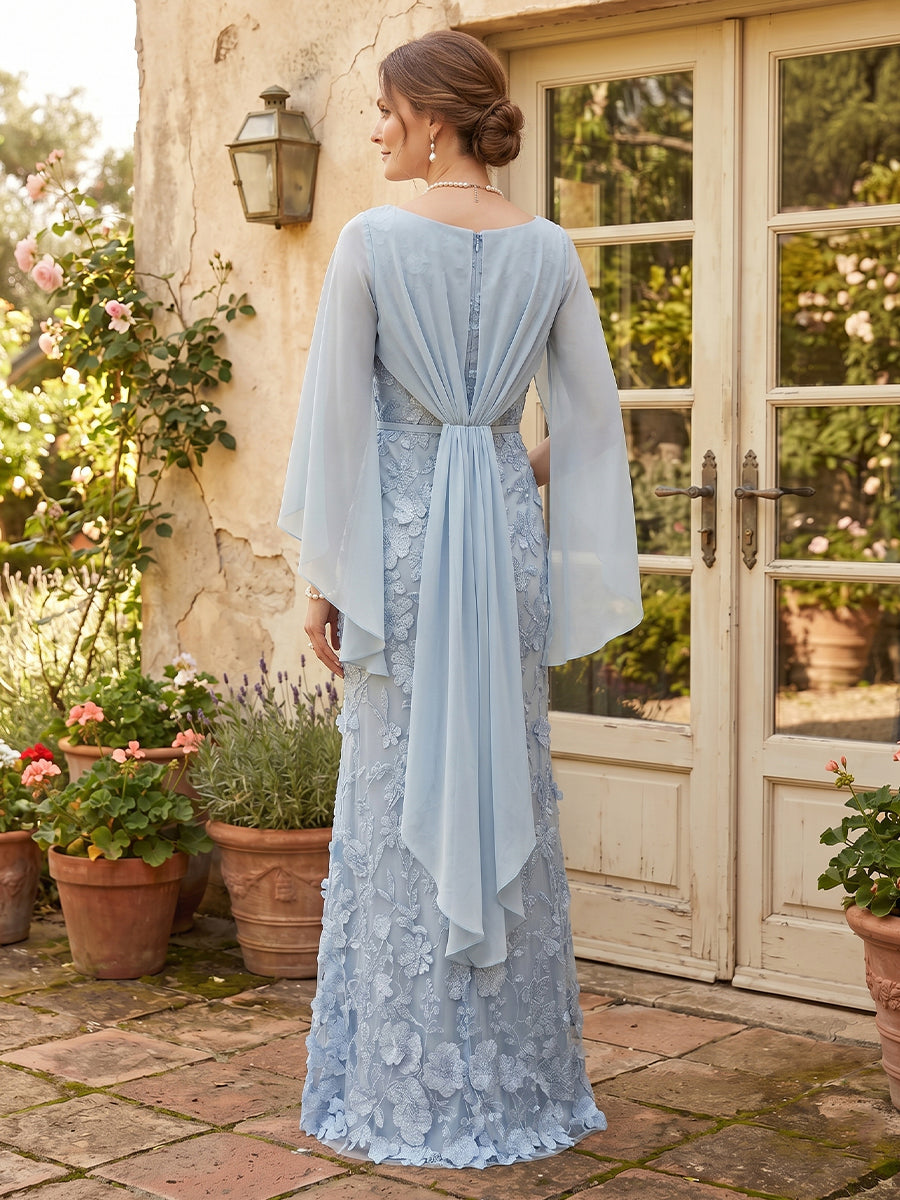 Lace Mermaid Scoop Neck Cape Sleeves Long Mother of the Bride Dresses