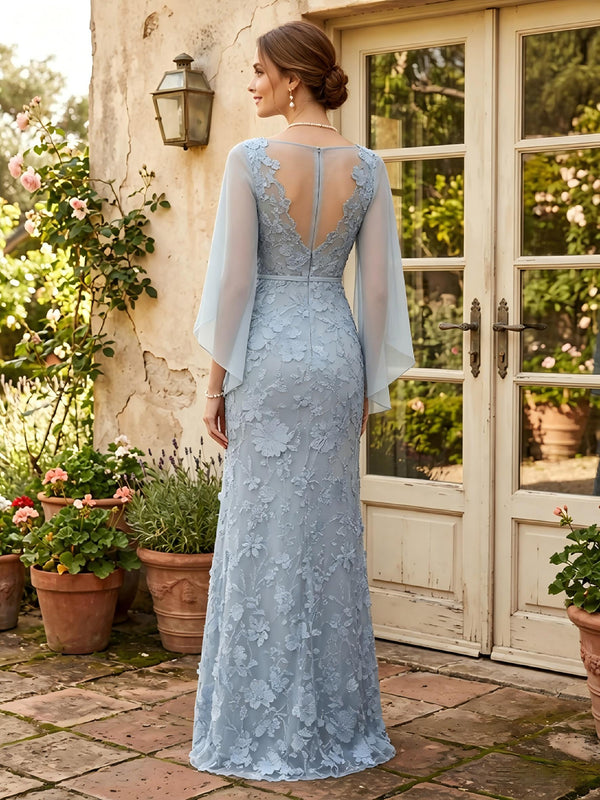 Lace Mermaid Scoop Neck Cape Sleeves Long Mother of the Bride Dresses
