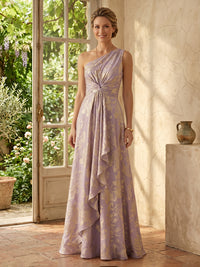 Jacquard A Line One Shoulder Long Mother of the Bride Dresses with Ruched