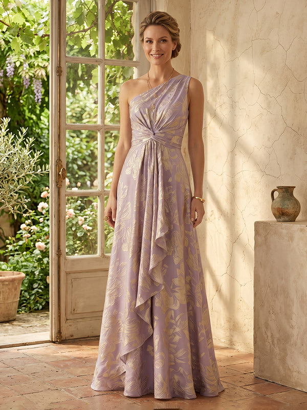 Jacquard A Line One Shoulder Long Mother of the Bride Dresses with Ruched
