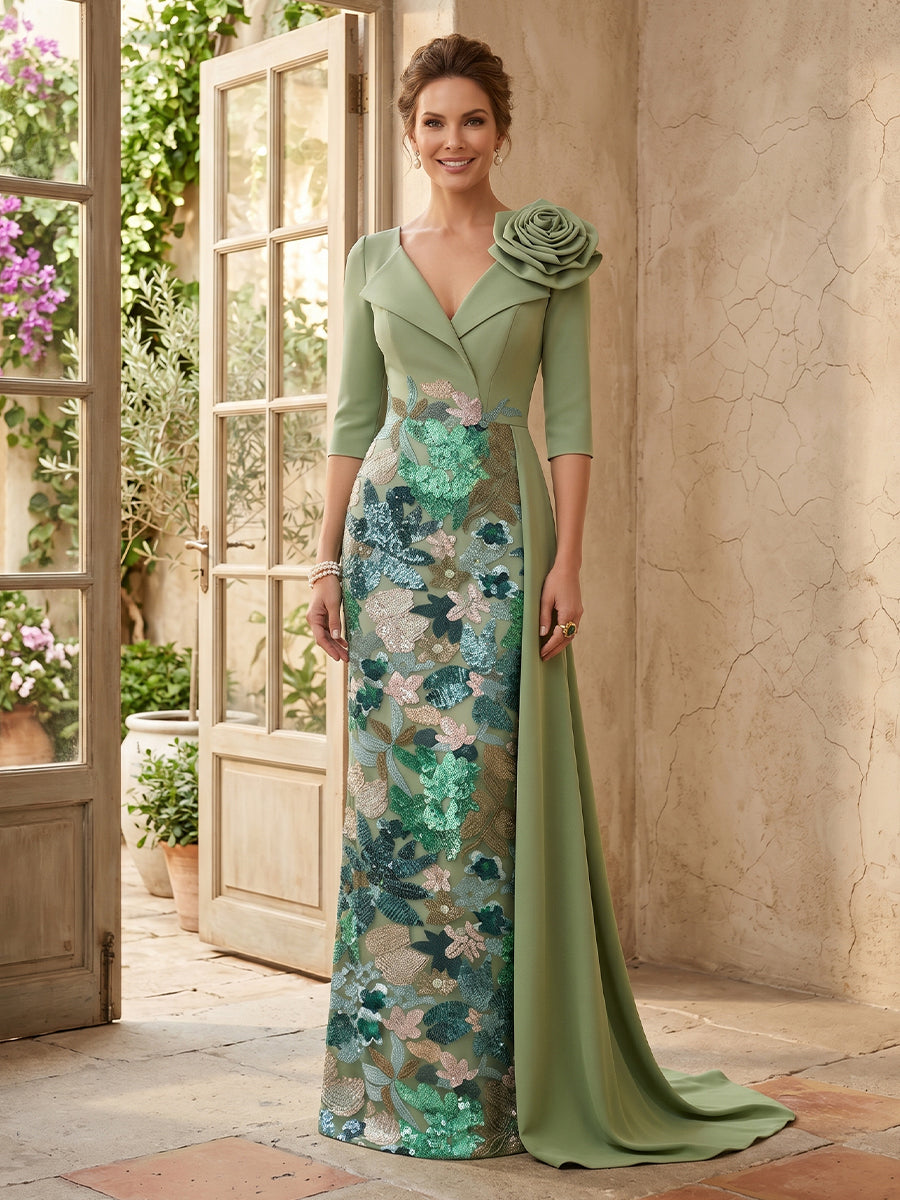 Satin Mermaid V Neck Long Sleeves Long Mother of the Bride Dresses with Flower