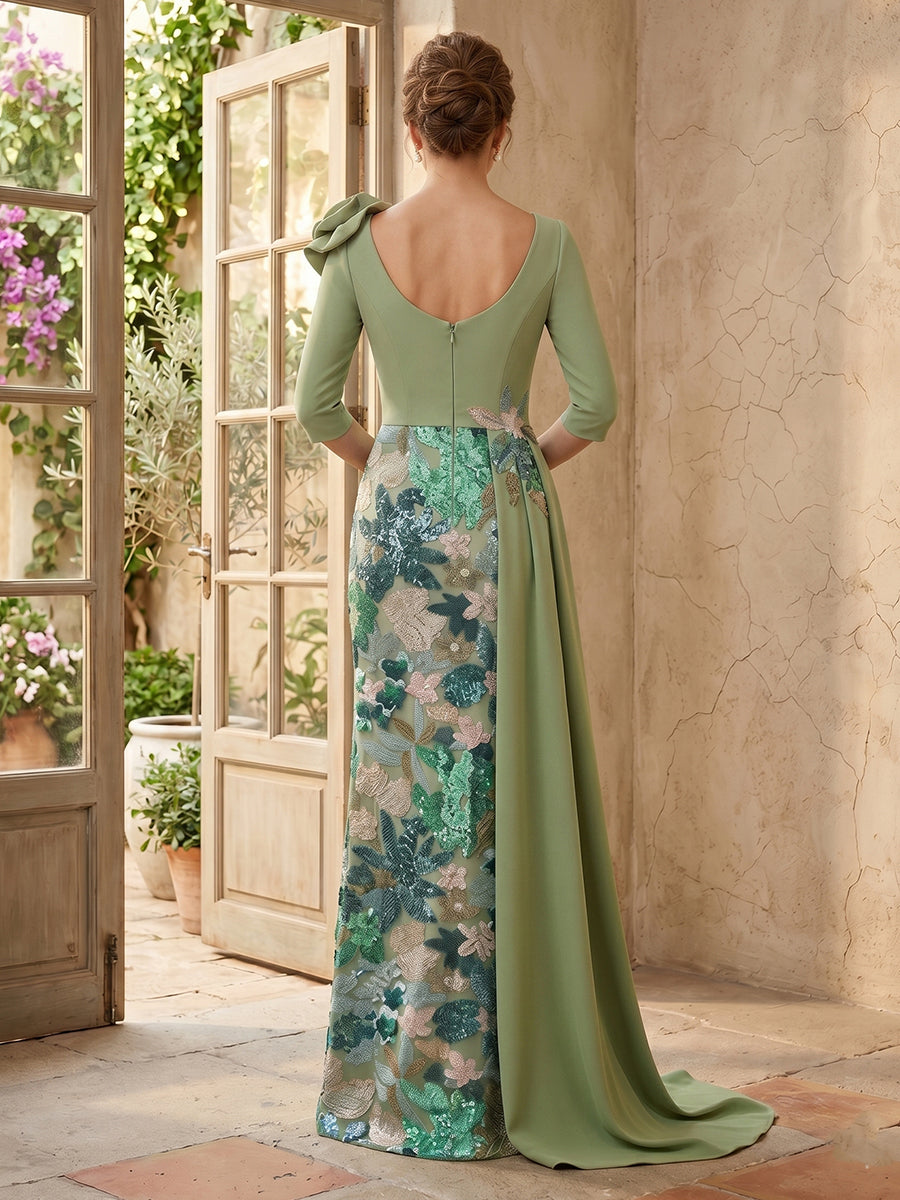 Satin Mermaid V Neck Long Sleeves Long Mother of the Bride Dresses with Flower