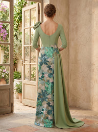 Satin Mermaid V Neck Long Sleeves Long Mother of the Bride Dresses with Flower