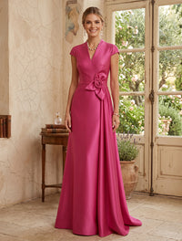 Satin A Line V Neck Short Sleeves Long Mother of the Bride Dresses with Flower