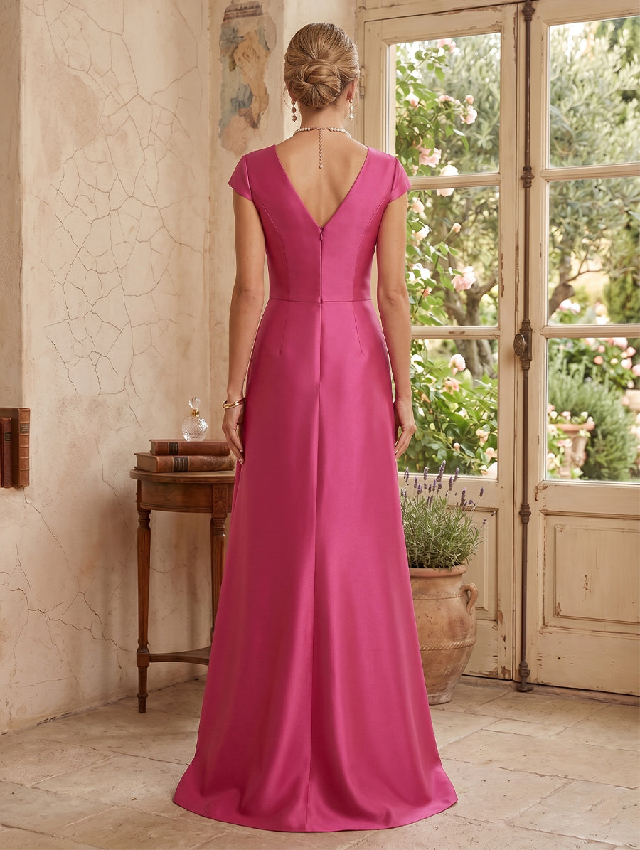 Satin A Line V Neck Short Sleeves Long Mother of the Bride Dresses with Flower