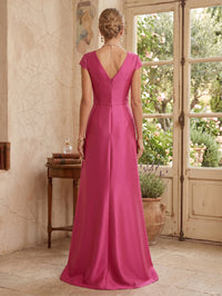 Satin A Line V Neck Short Sleeves Long Mother of the Bride Dresses with Flower