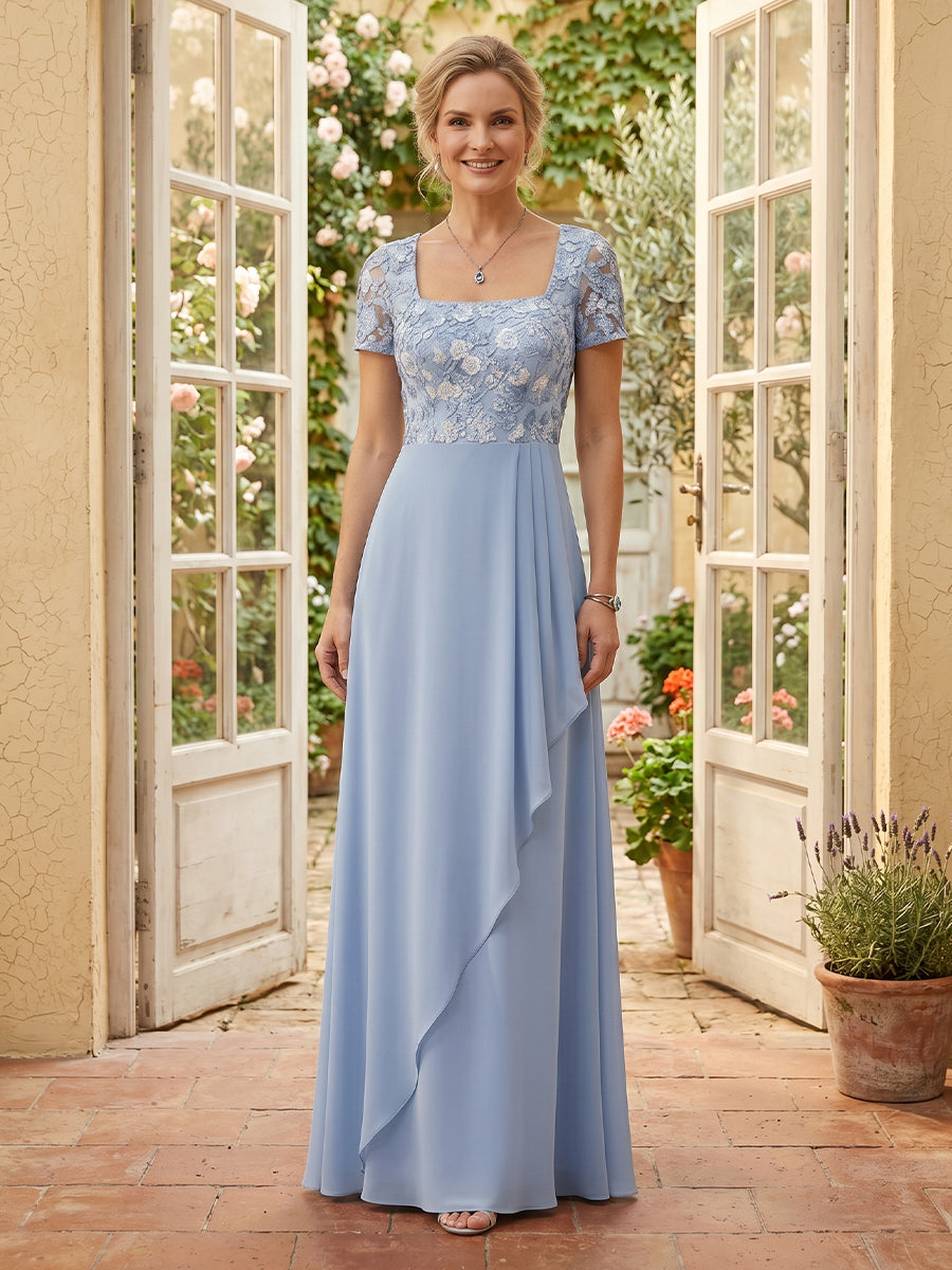 Lace Mermaid Square Neck Short Sleeves Long Mother of the Bride Dresses