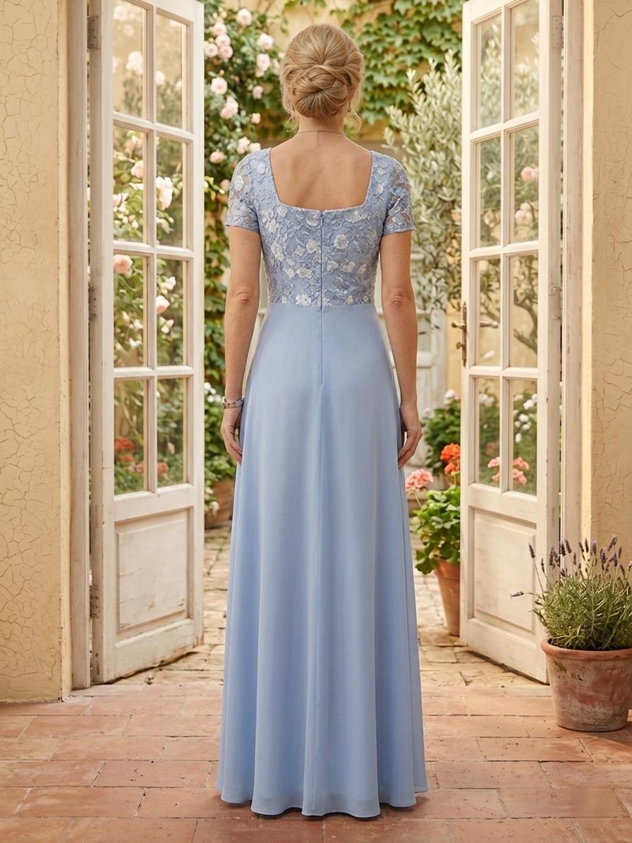 Lace Mermaid Square Neck Short Sleeves Long Mother of the Bride Dresses