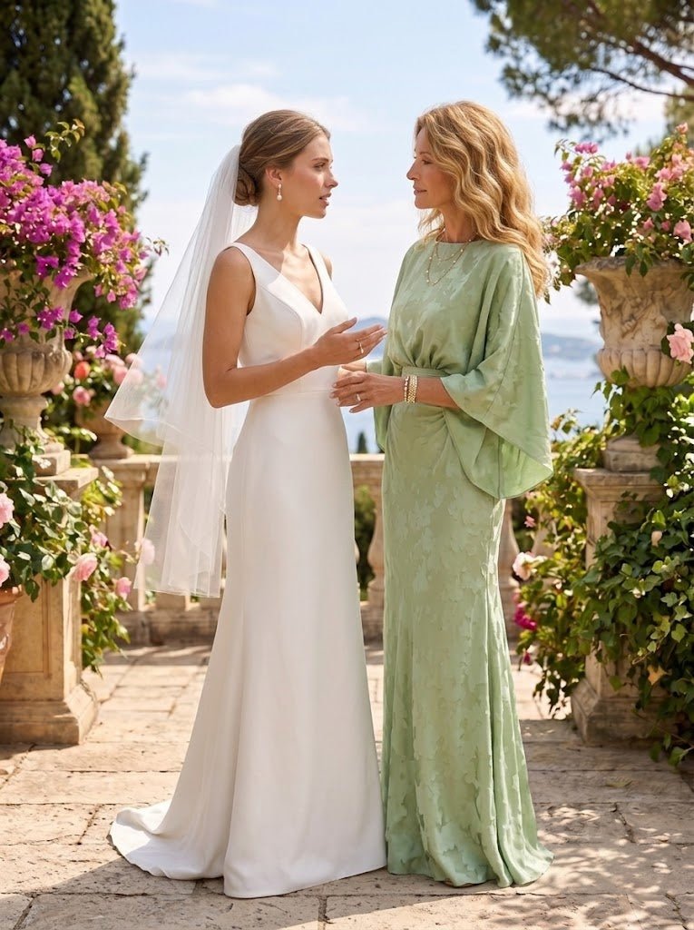 Jacquard Mermaid Cape Sleeves Long Mother of the Bride Dresses