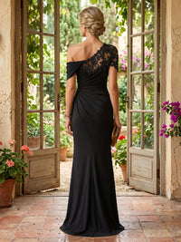 Lace Mermaid One Shoulder Short Sleeves Long Mother of the Bride Dresses