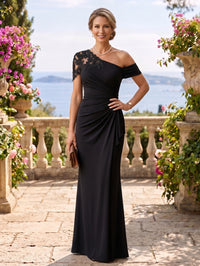 Lace Mermaid One Shoulder Short Sleeves Long Mother of the Bride Dresses
