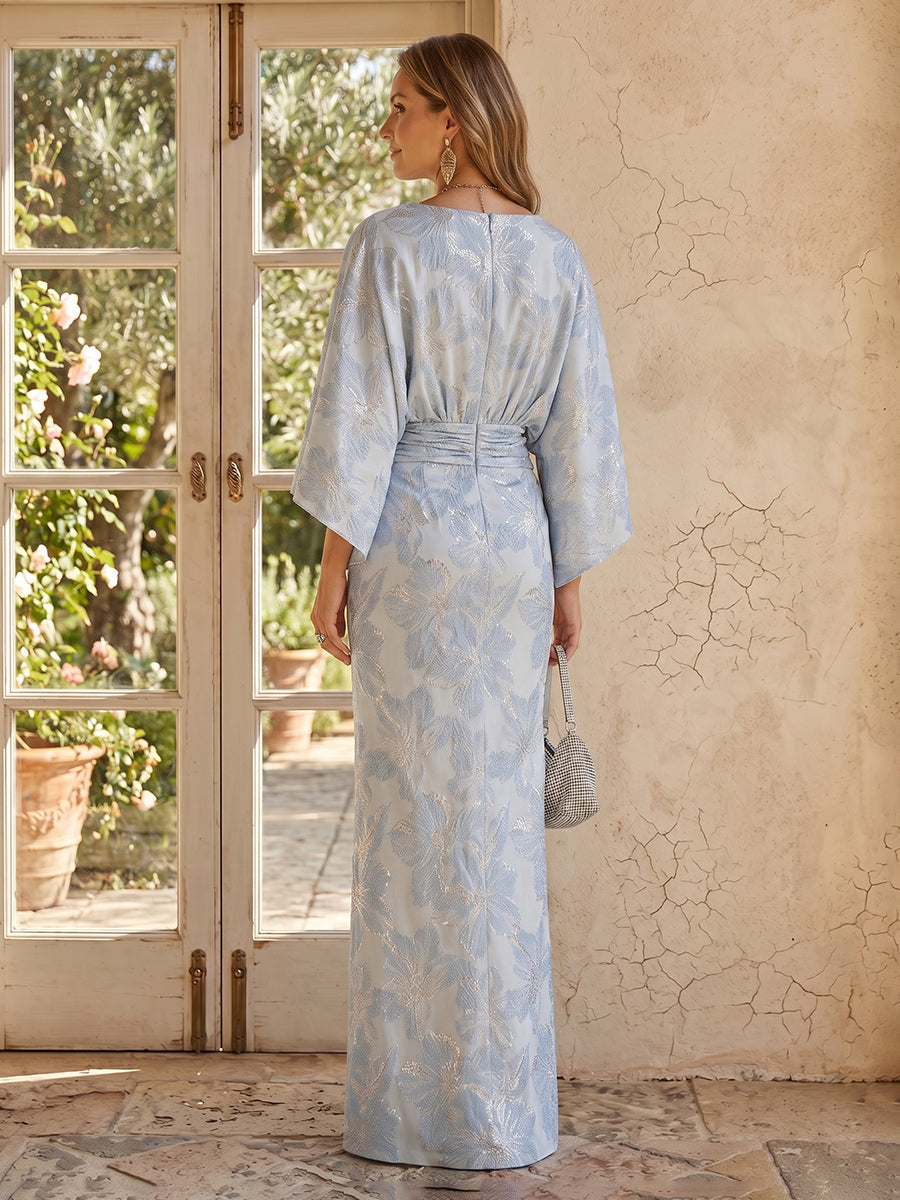 Jacquard Mermaid Round Neck Cape Sleeves Long Mother of the Bride Dresses