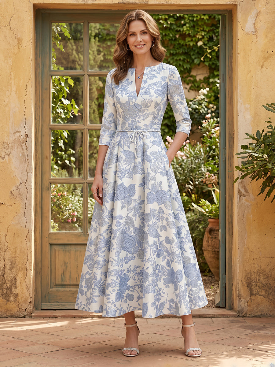 Jacquard A Line V Neck Long Sleeves Long Mother of the Bride Dresses