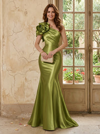 Satin Mermaid One Shoulder Long Mother of the Bride Dresses with Flower