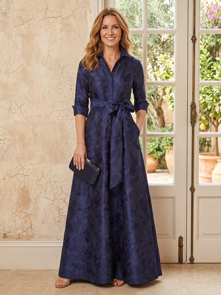 Jacquard A Line V Neck Long Sleeves Long Mother of the Bride Dresses with Bow