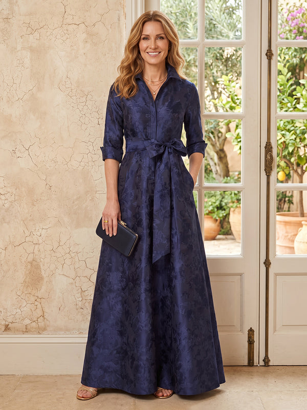 Jacquard A Line V Neck Long Sleeves Long Mother of the Bride Dresses with Bow