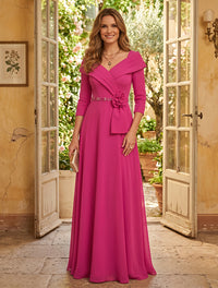 Chiffon A Line 3/4 Sleeves Long Mother of the Bride Dresses with Flower