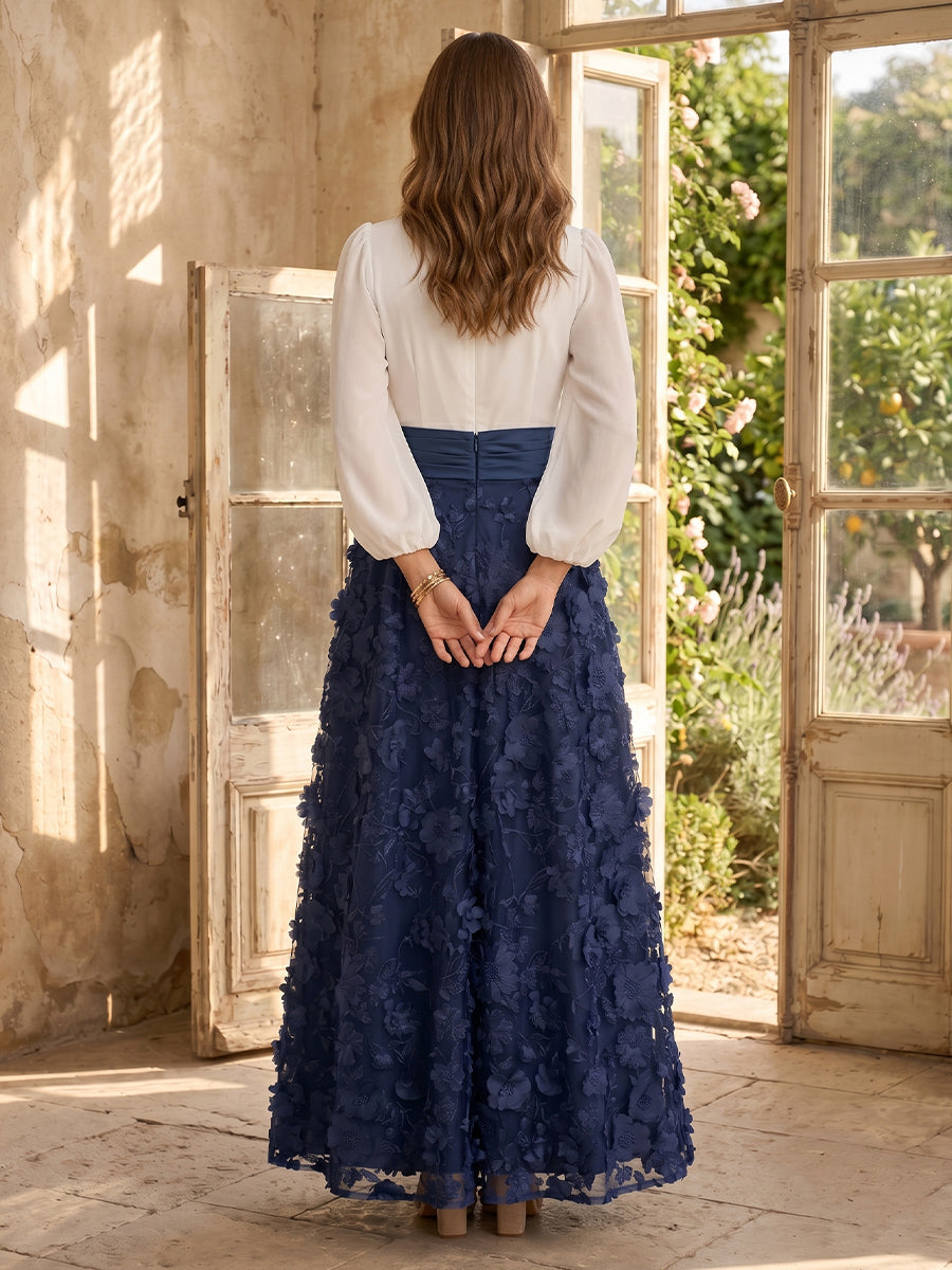 A Line V Neck Long Sleeves Long Mother of the Bride Dresses with Flower