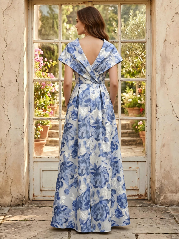 Jacquard A Line V Neck Cap Sleeves Long Mother of the Bride Dresses