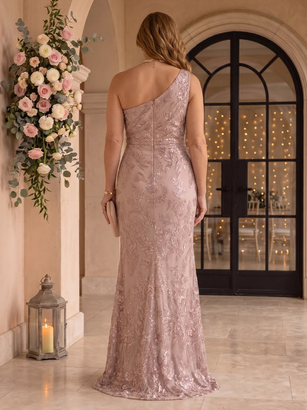 Lace Mermaid Plus Size One Shoulder Sleeveless Long Mother of the Bride Dresses