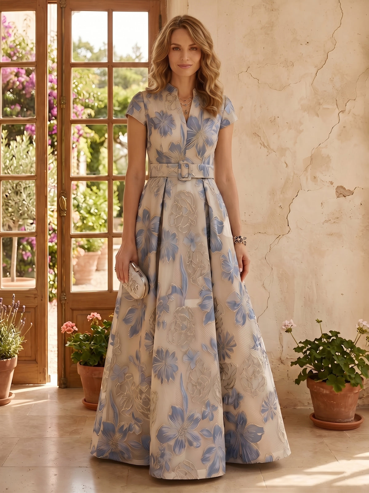 Jacquard Short Sleeves A Line V Neck Long Mother of the Bride Dresses