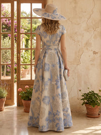 Jacquard Short Sleeves A Line V Neck Long Mother of the Bride Dresses