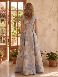 Jacquard Short Sleeves A Line V Neck Long Mother of the Bride Dresses