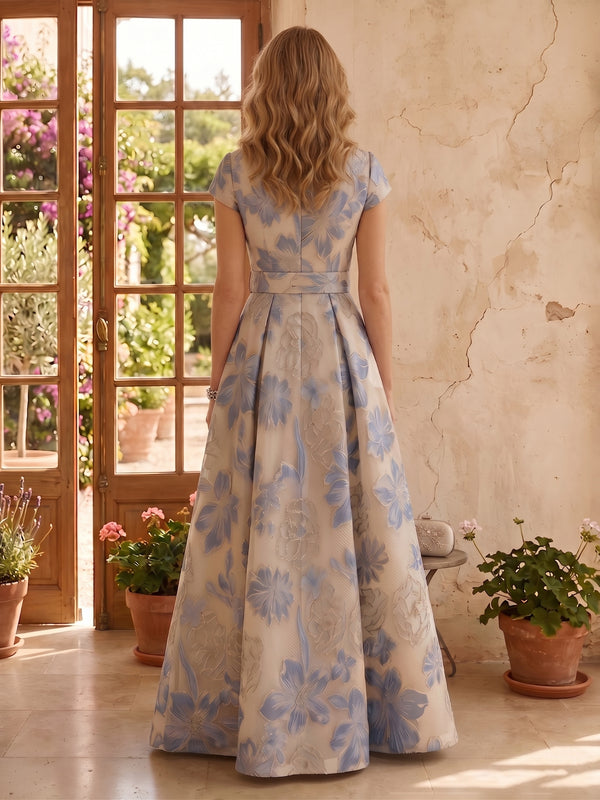 Jacquard Short Sleeves A Line V Neck Long Mother of the Bride Dresses