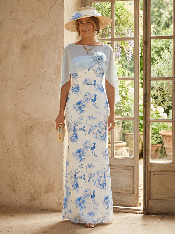 Floral Mermaid Long Mother of the Bride Dresses with Cape