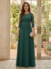 Lace A Line 3/4 Sleeves Round Neck Long Mother of the Bride Dresses