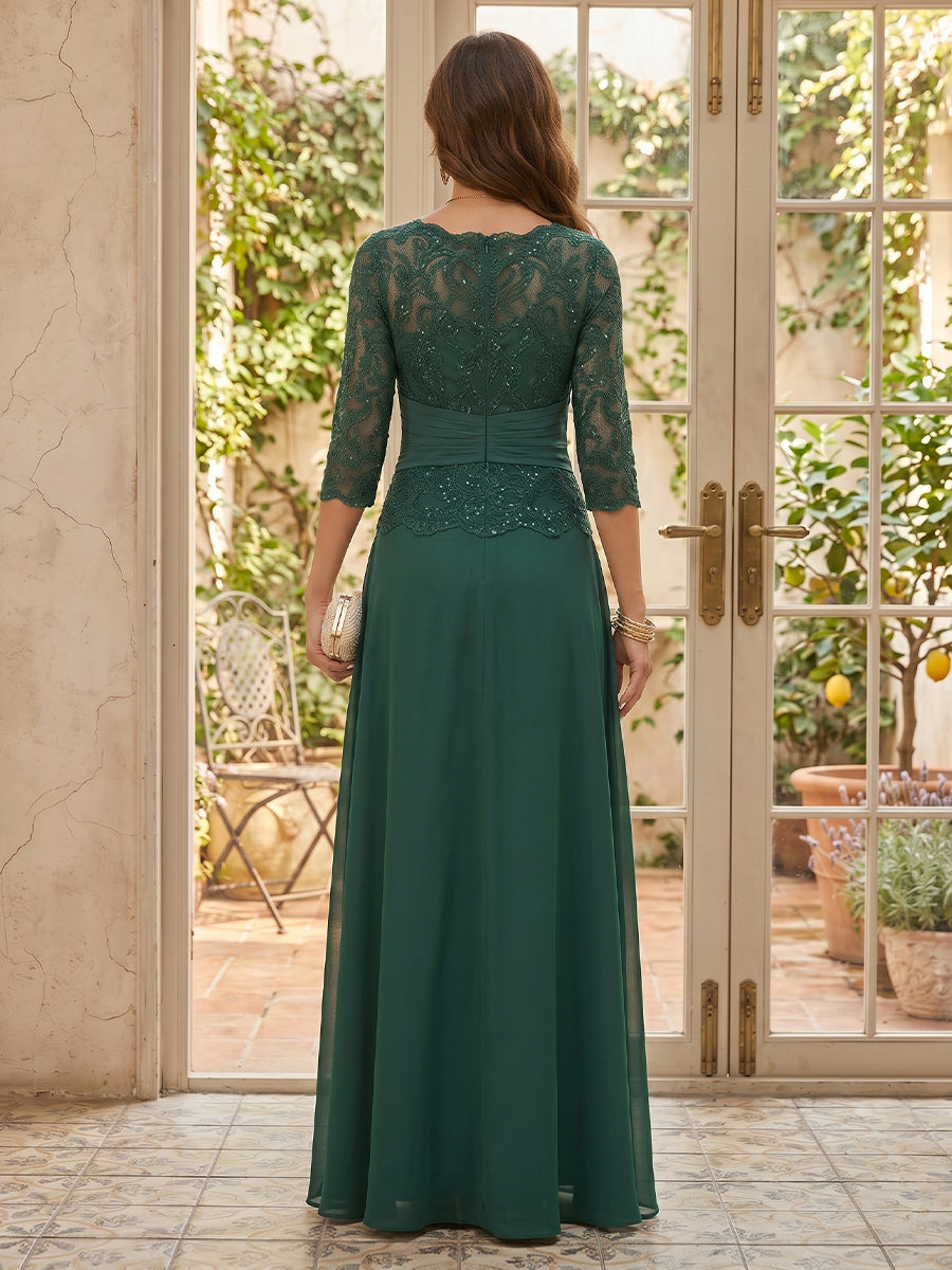 Lace A Line 3/4 Sleeves Round Neck Long Mother of the Bride Dresses